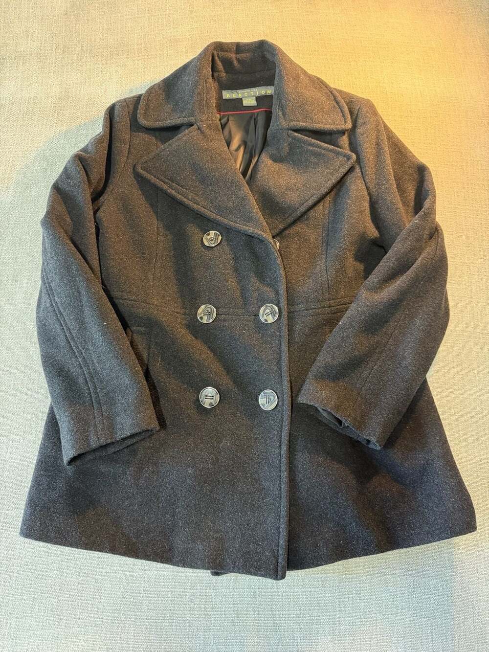 Kenneth Cole Reaction Women's Double-Breasted Wool Blend Pea Coat Charcoal Gray